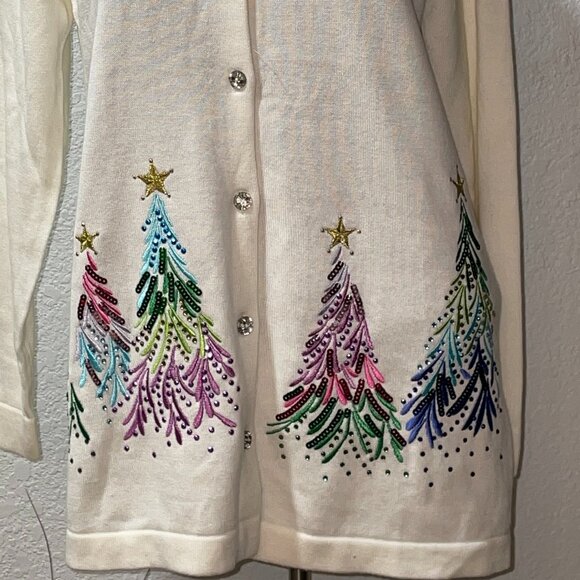 NWT White Sequined Sparkly Christmas Trees Cardigan Sweater QUACKER FACTORY XS - Picture 3 of 7